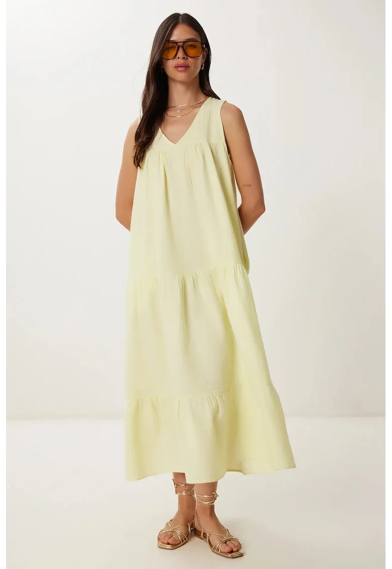 Rochie midi Happiness Istanbul, cu volane, decolteu in V, bumbac, Galben lamaie