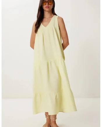 Rochie midi Happiness Istanbul, cu volane, decolteu in V, bumbac, Galben lamaie