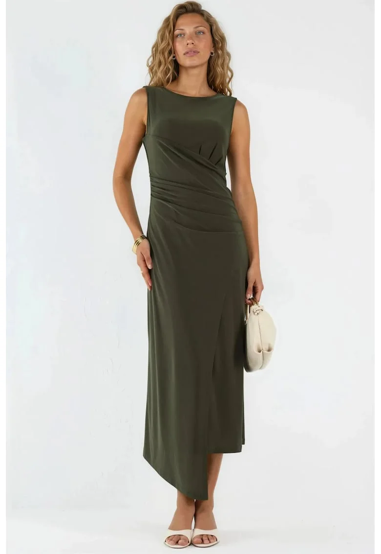 Rochie midi A-Line  guler rotund, kaki, poliester/elastan