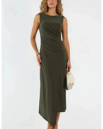 Rochie midi A-Line  guler rotund, kaki, poliester/elastan