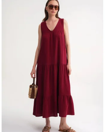 Rochie midi,  decolteu in V, rosu, bumbac