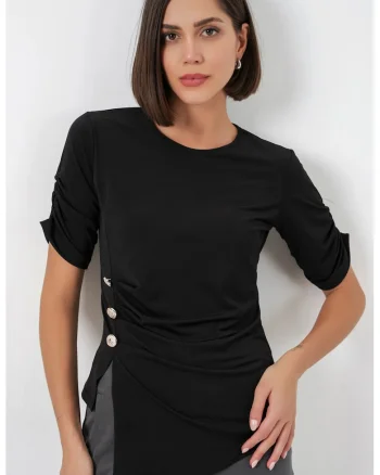 Top dama,  Negru, Guler rotund, Nasturi