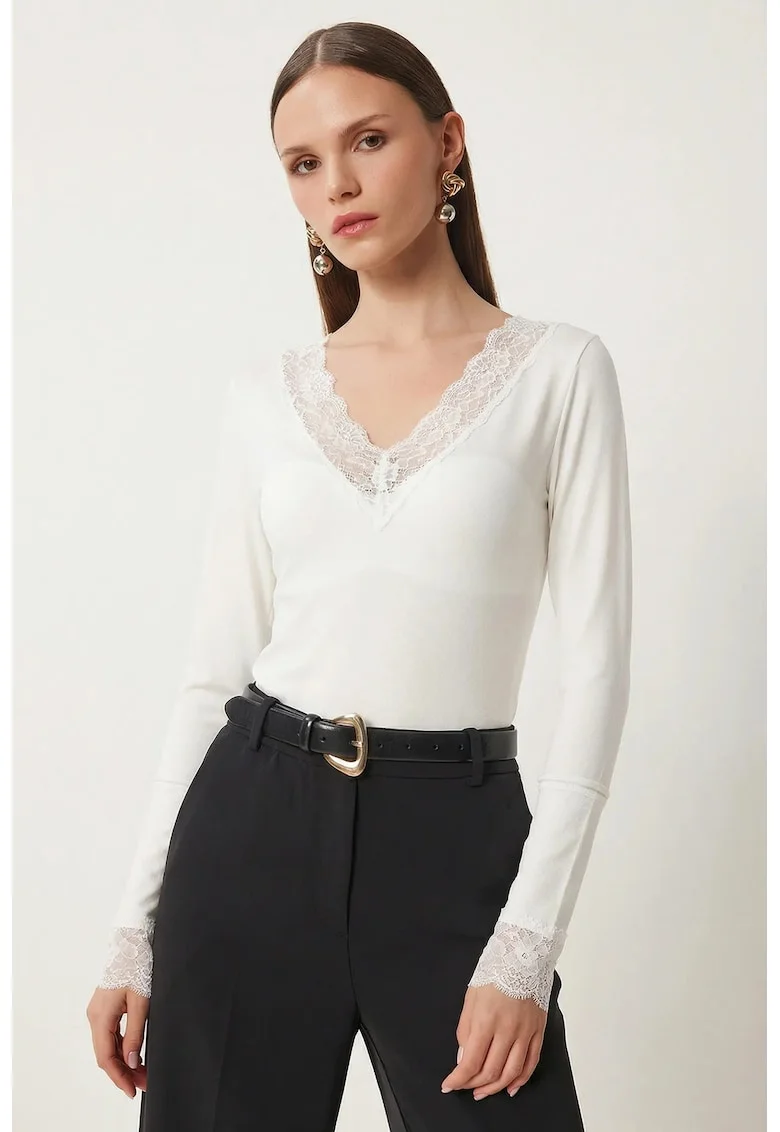 Bluza dama, Happiness Istanbul, Dantela, Alb, Slim, Decolteu in V