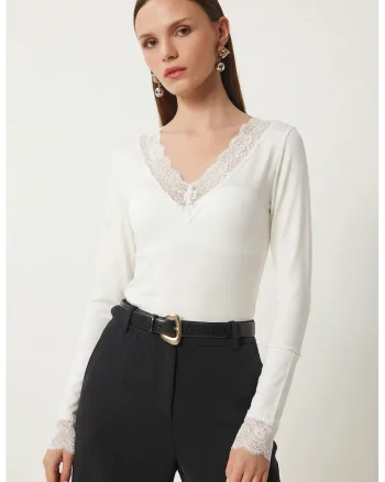 Bluza dama, Happiness Istanbul, Dantela, Alb, Slim, Decolteu in V