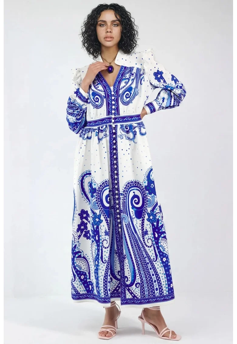 Rochie Maxi,  imprimeu Paisley, maneca lunga, poliester-lycra