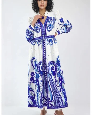 Rochie Maxi,  imprimeu Paisley, maneca lunga, poliester-lycra