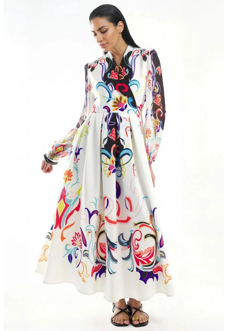 Rochie Maxi,  Imprimeu Floral, Maneca lunga, Multicolor, Poliester cu Lycra