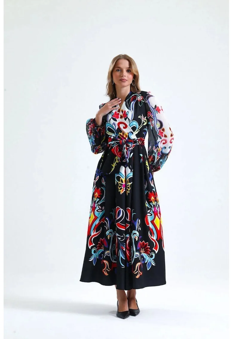 Rochie maxi,  A-Line, multicolor, imprimeu floral, maneca lunga, decolteu in V, cu cordon