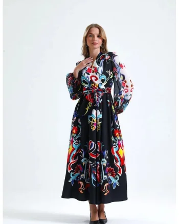 Rochie maxi,  A-Line, multicolor, imprimeu floral, maneca lunga, decolteu in V, cu cordon
