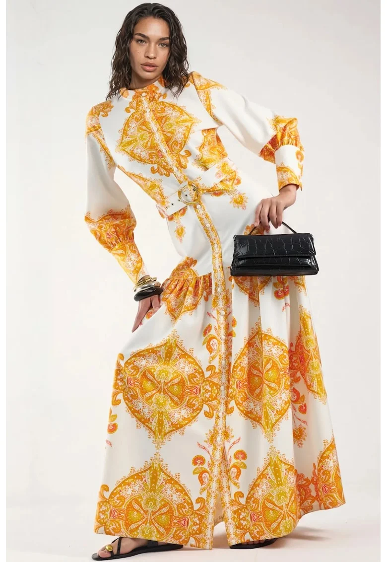 Rochie Maxi,  Imprimeu Paisley, Maneca lunga, Galben, Poliester cu Lycra