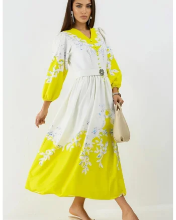 Rochie Maxi,  Floral, Multicolor, Maneca lunga, Decolteu in V, Detaliu cu Nasturi