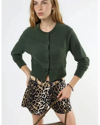 Pulover scurt casual,  cu nasturi, guler rotund, verde kaki, poliester si elastan