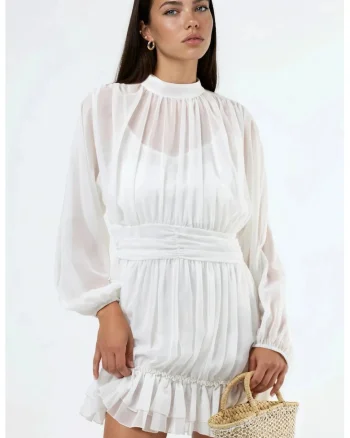 Rochie mini,  guler inalt, alb, poliester
