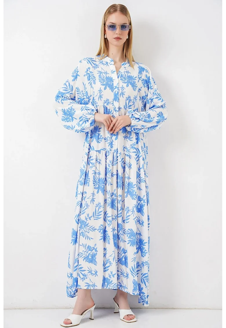 Rochie Maxi  decolteu in V, maneca lunga, albastru/alb, viscoza
