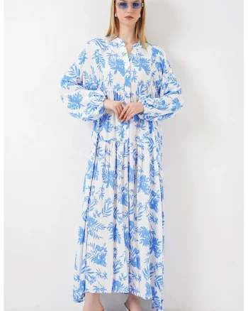 Rochie Maxi  decolteu in V, maneca lunga, albastru/alb, viscoza