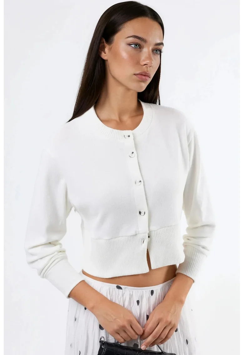 Pulover casual  cu nasturi, guler rotund, alb, poliester si elastan