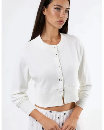 Pulover casual  cu nasturi, guler rotund, alb, poliester si elastan