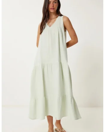 Rochie midi Happiness Istanbul, cu volane, verde menta, bumbac