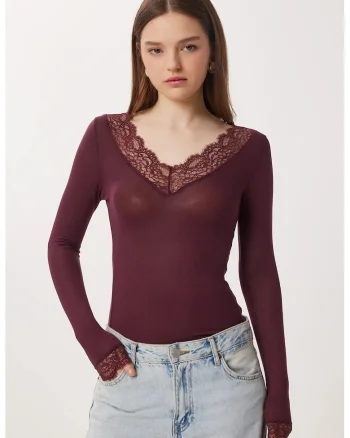 Bluza dama, Happiness Istanbul, Mov inchis, Dantela, Decolteu in V
