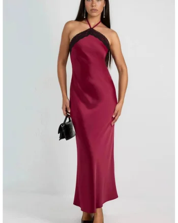 Rochie Maxi,  detalii din dantela, rosu, satin
