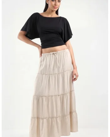 Fusta maxi  talie inalta, texturata, bej natural, poliester