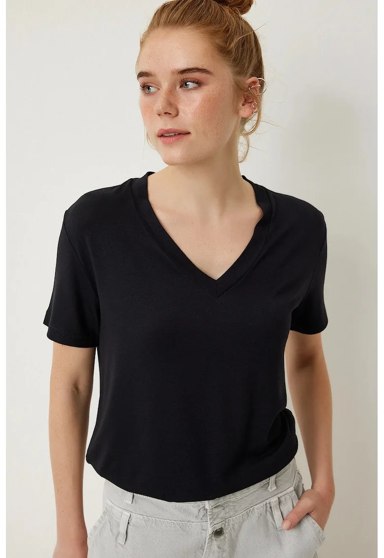 Tricouri dama, Happiness Istanbul, tricou simplu, decolteu in V, negru, viscoza-elastan,