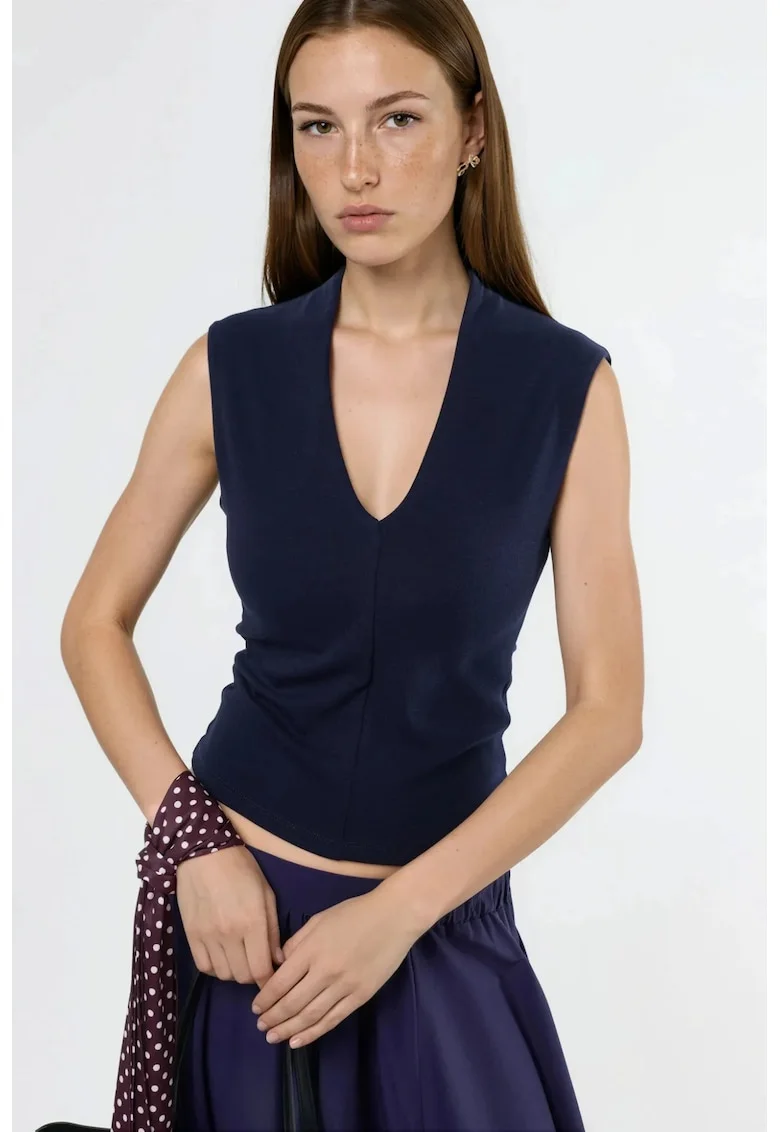 Top dama,  Bleumarin, Textil, Decolteu in V