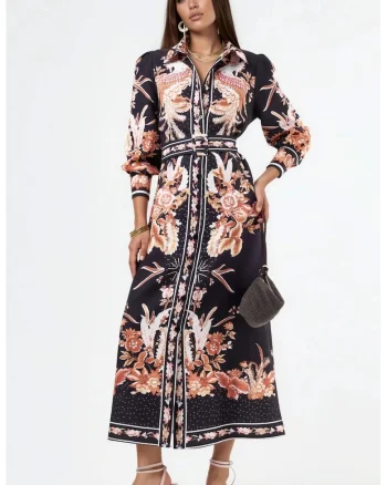 Rochie tip camasa, lunga, MSN Floral, curea in talie, multicolor, poliester/elastan
