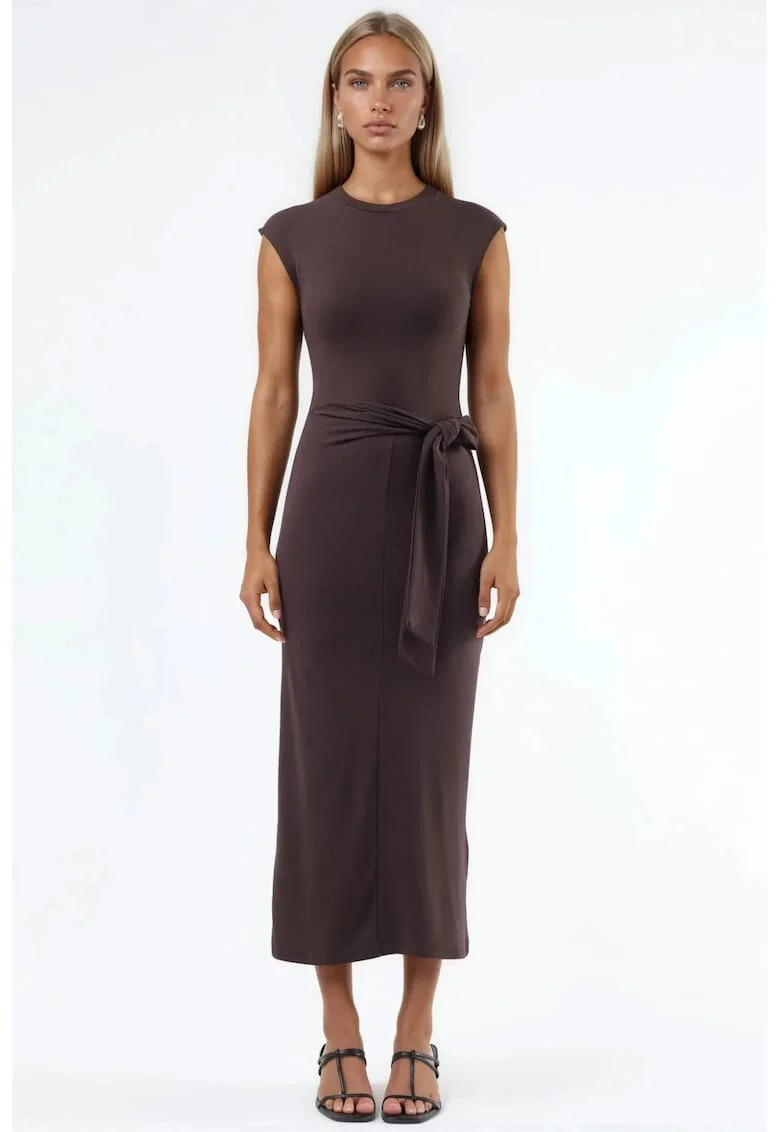Rochie Midi  detaliu tip snur, maro, amestec modal/bumbac/elastan