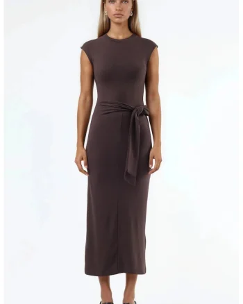 Rochie Midi  detaliu tip snur, maro, amestec modal/bumbac/elastan