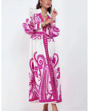 Rochie Maxi,  imprimeu Paisley, maneca lunga, multicolor, poliester-lycra