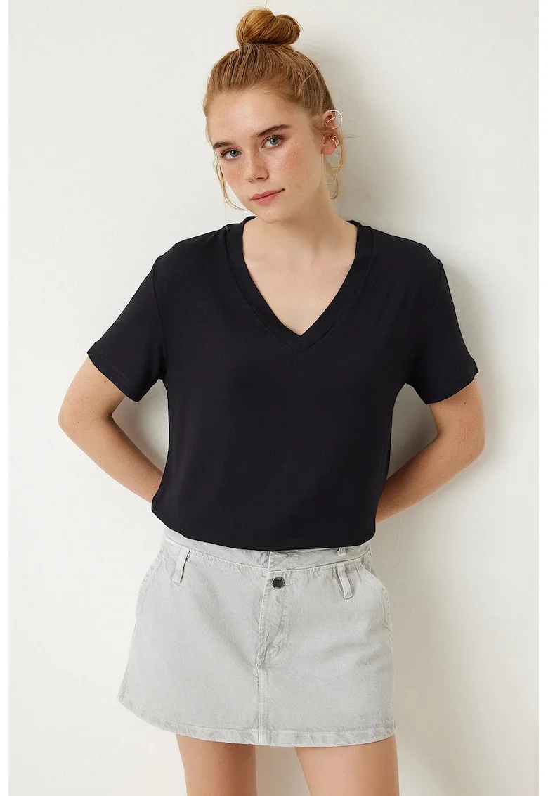 Tricou dama, Happiness Istanbul, simplu, maneca scurta, negru, viscoza-elastan