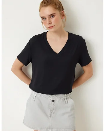 Tricou dama, Happiness Istanbul, simplu, maneca scurta, negru, viscoza-elastan
