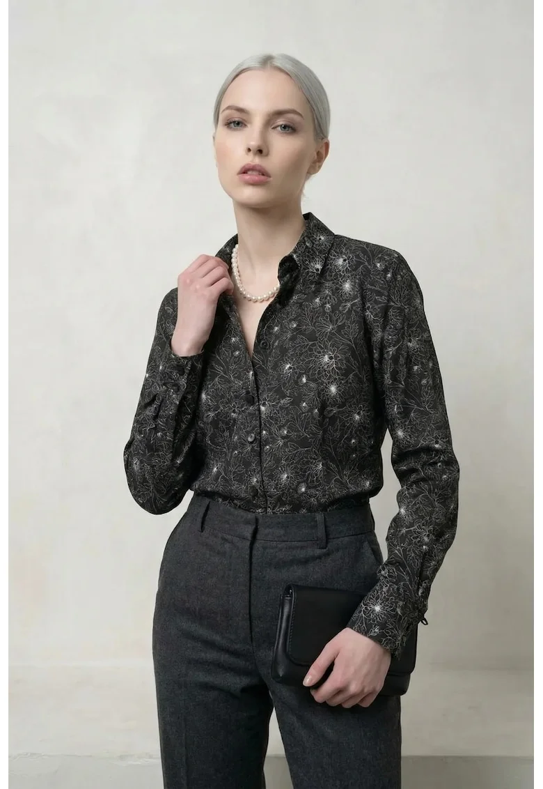 Camasa dama  camasa cu imprimeu abstract, negru, poliester, maneca lunga