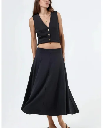 Fusta midi  talie inalta, neagra, poliester-elastan