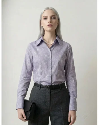 Camasi dama,  camasa cu imprimeu abstract, mov liliachiu, maneca lunga, 100% poliester