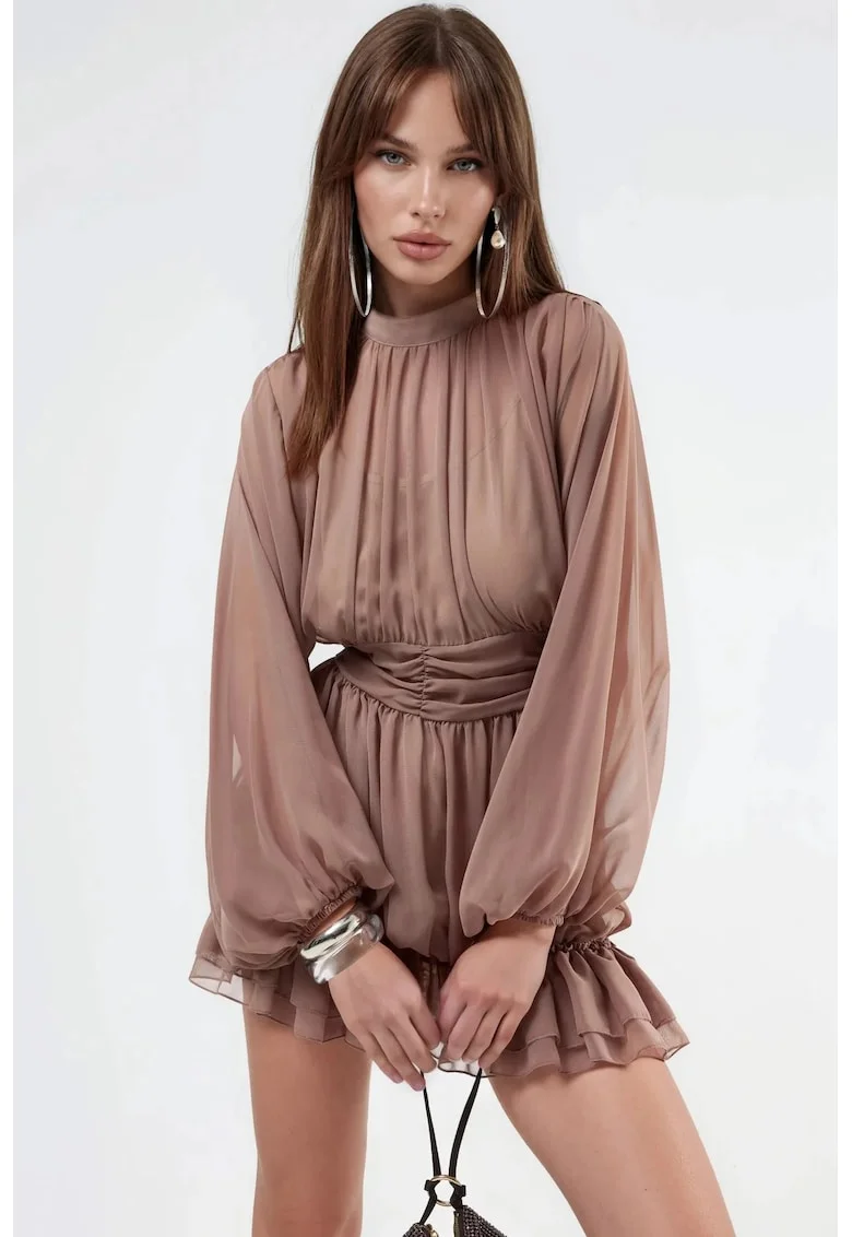 Rochie mini,  poliester, cu maneca lunga, maro