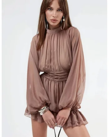 Rochie mini,  poliester, cu maneca lunga, maro