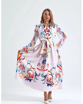 Rochie maxi,  model floral, alb, cu maneca lunga, decolteu in V, cu cordon, poliester/lycra
