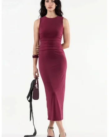 Rochie midi,  mulata, guler rotund, poliester, visiniu