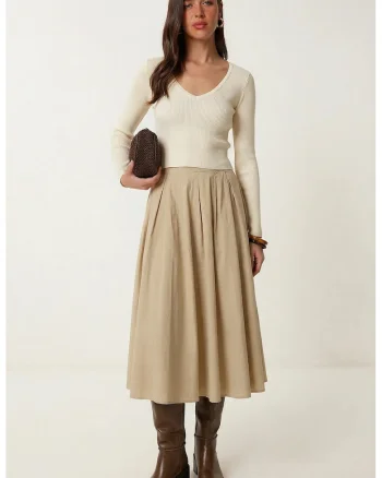 Fusta midi Happiness Istanbul, bej natural, viscoza