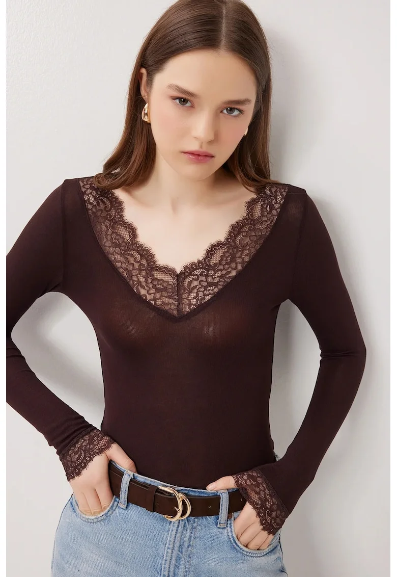 Bluza dama, Happiness Istanbul, Maro inchis, Dantela, Slim