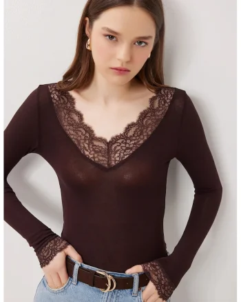 Bluza dama, Happiness Istanbul, Maro inchis, Dantela, Slim