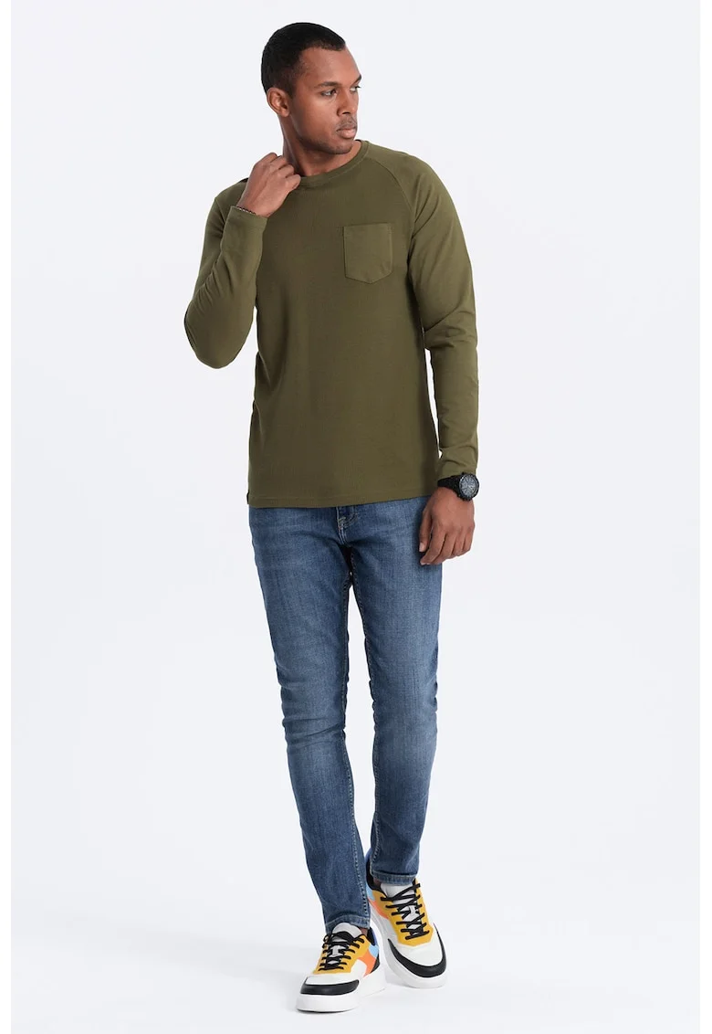 Bluza texturata cu buzunar pe piept, Verde masliniu