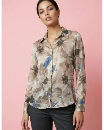 Camasi dama,  camasa cu imprimeu floral, lungime maneca lunga, culoare maro nuc, 100% poliester