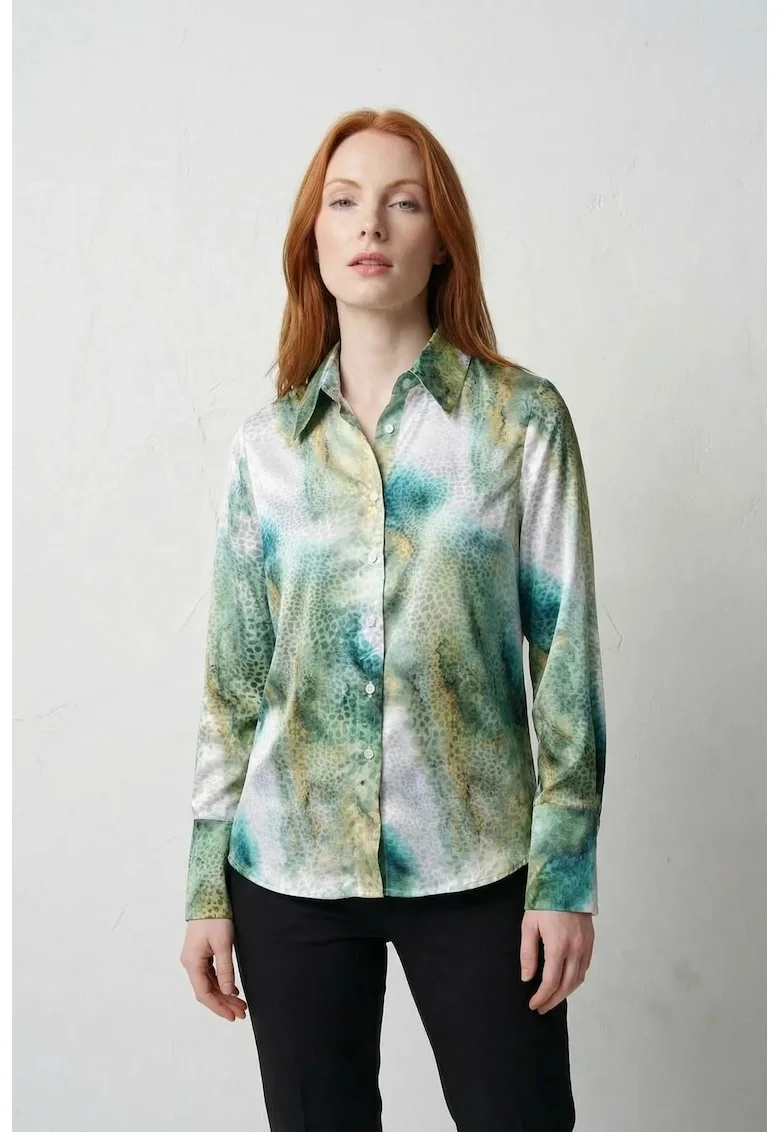 Camasi dama,  camasa cu maneca lunga, imprimeu abstract, verde, 100% poliester