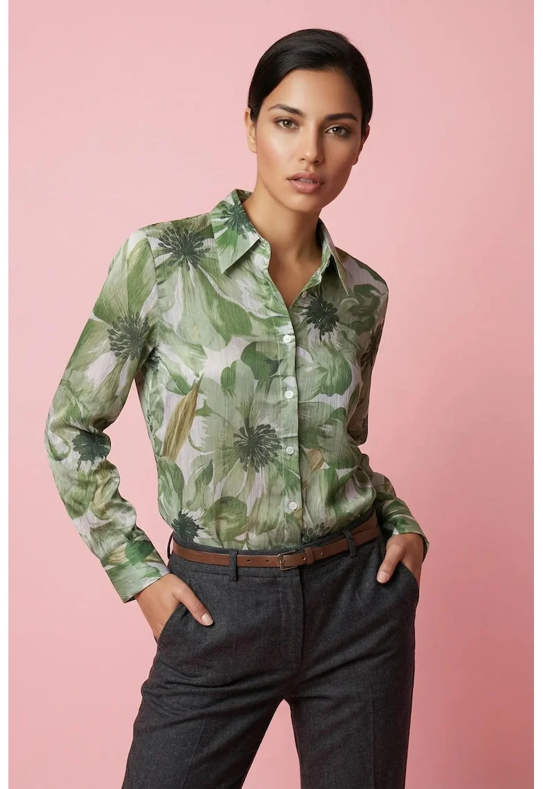 Camasa dama,  camasa cu imprimeu floral, verde, poliester, maneca lunga