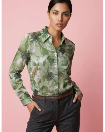 Camasa dama,  camasa cu imprimeu floral, verde, poliester, maneca lunga