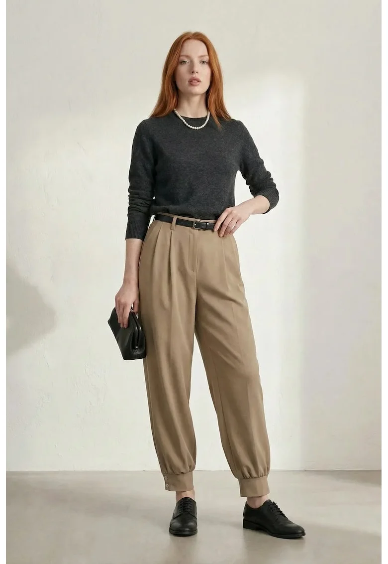 Pantaloni dama  talie inalta, maro, poliester-viscoza