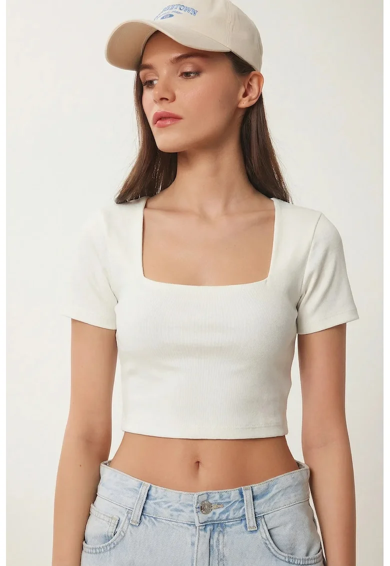 Tricou dama, Happiness Istanbul, Poliester/Elastan, Ecru